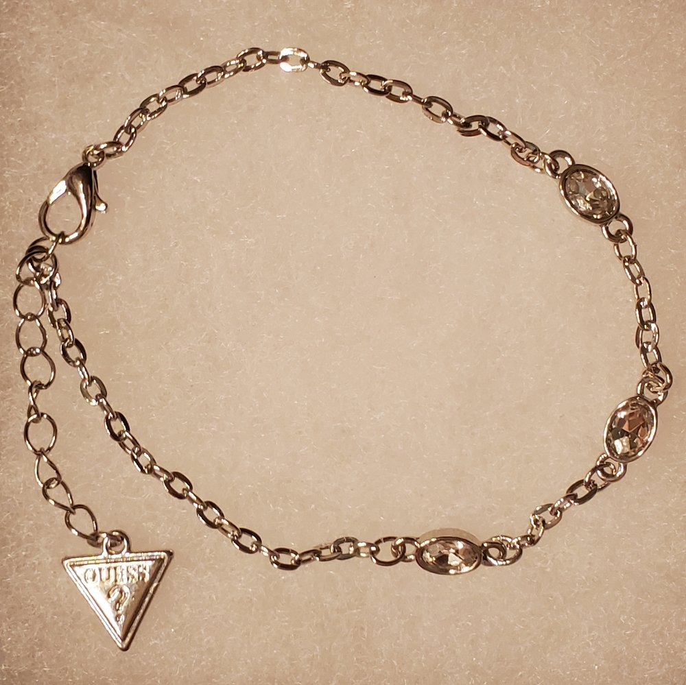 Guess Silver Tone Link Rhinestone Station Bracelet